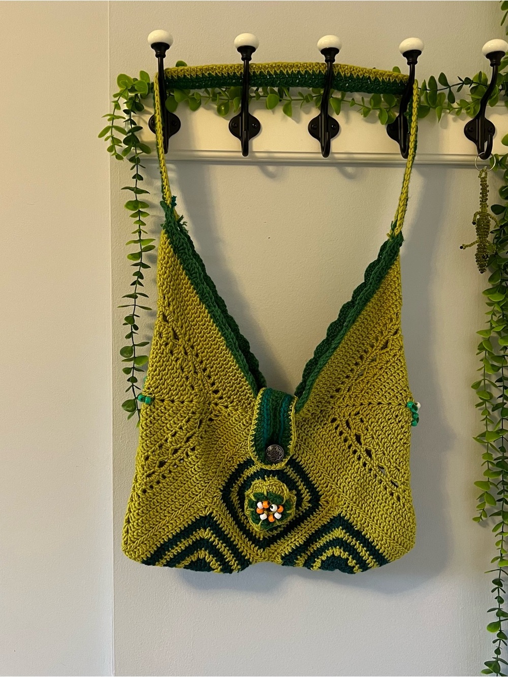 Handmade Olive & Dark Green Crochet Shoulder Bag with Floral Detail